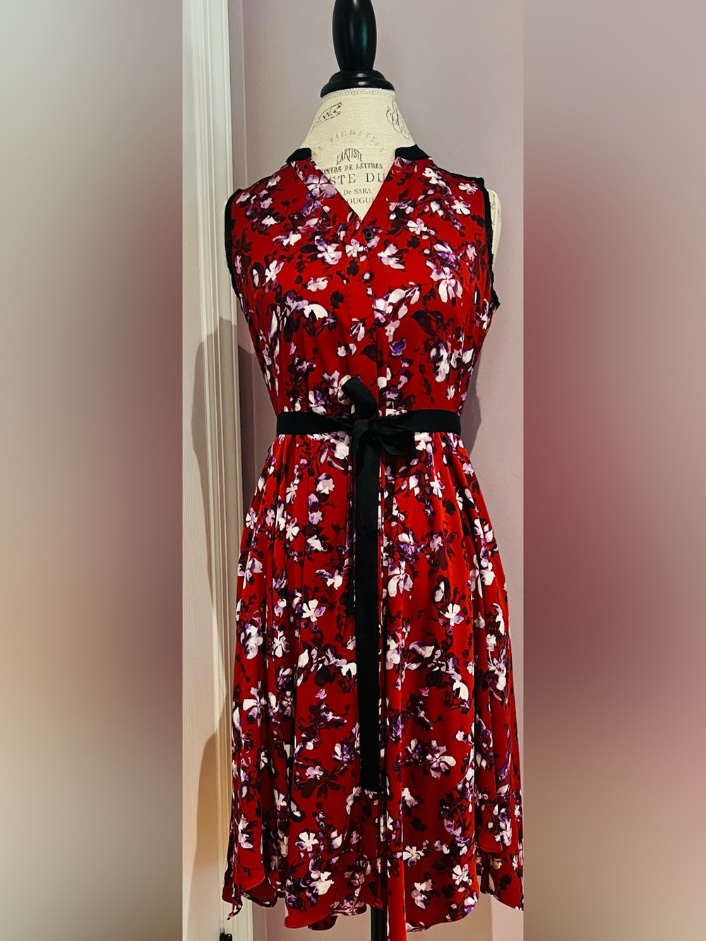 Vera Wang Red Floral Dress with Black Ribbon Tie